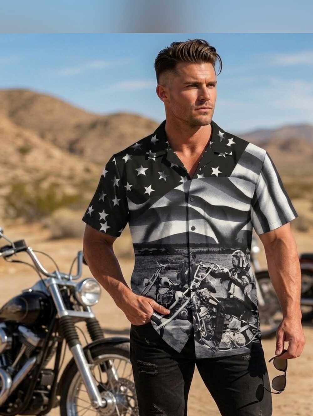 ​Vintage Dragonfly Easy Rider Motorcycle Button Up Shirt  Large Black White AOP